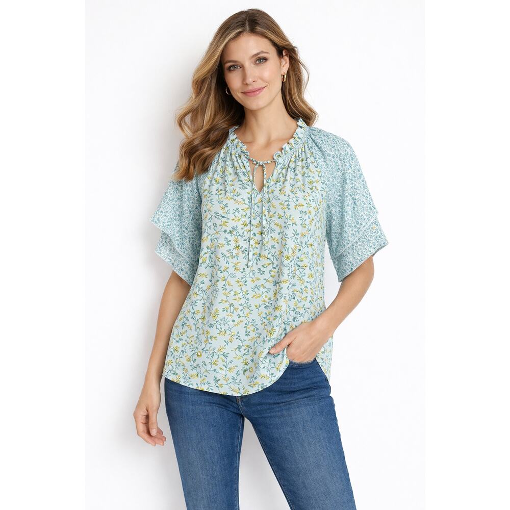 KAARI Blue Floral Flutter Sleeve Blouse Women Medium Tie Neck Lightweight Top